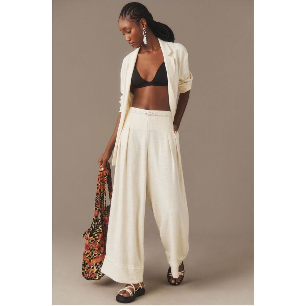 Anthropologie Linen Blend Wide Leg City Beach Trousers Ivory Size 10 NWT